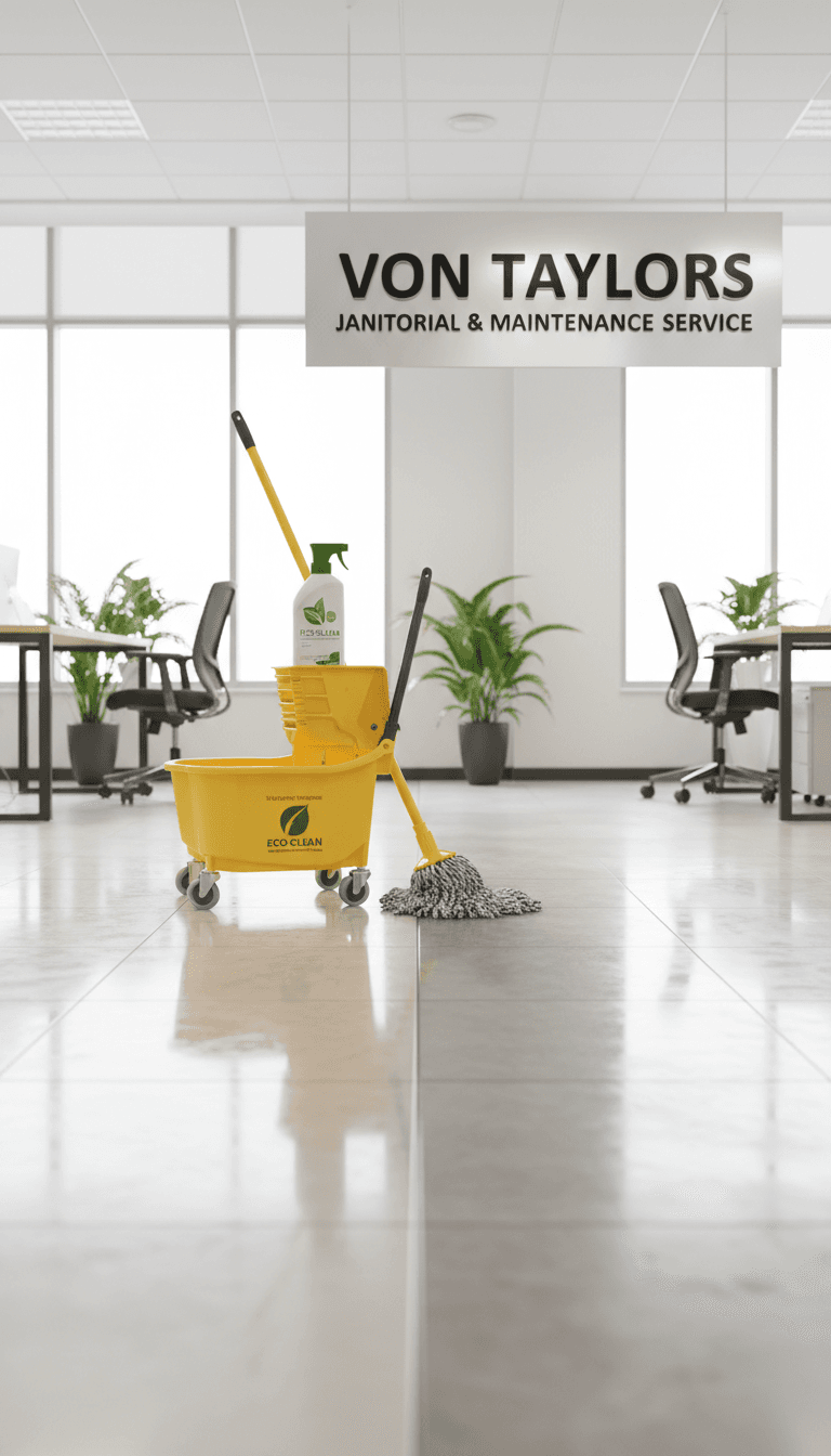 Clean commercial floor with mop, bucket, and visible cleaning line in office setting